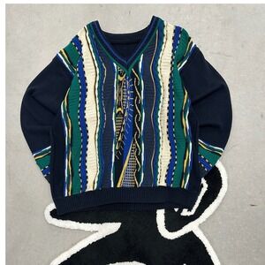 Vintage 3D Knit Coogi Style Sweater Mens Medium Navy Blue Multi V-Neck Pullover